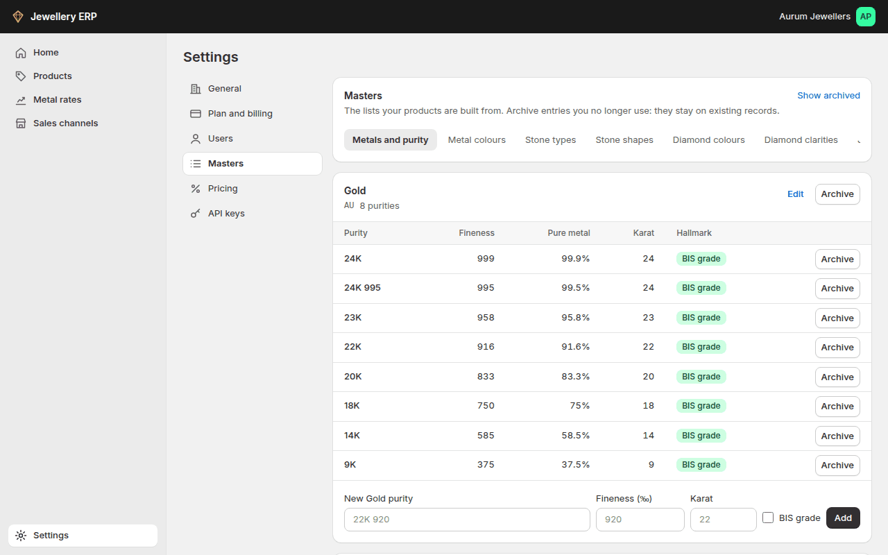 Settings → Masters, showing gold purities with fineness and BIS grades