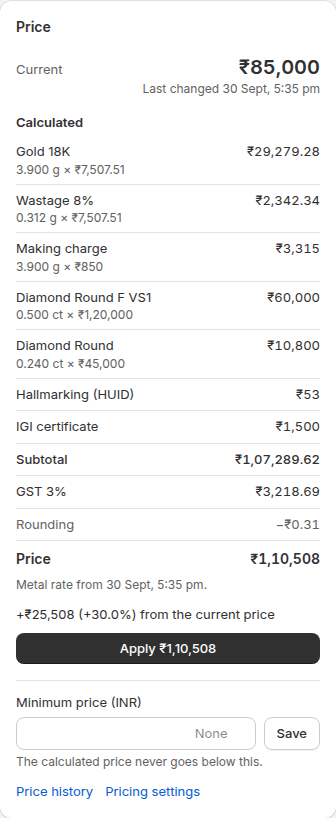 Price card listing metal, wastage, making charge, stones, charges, GST and the final price