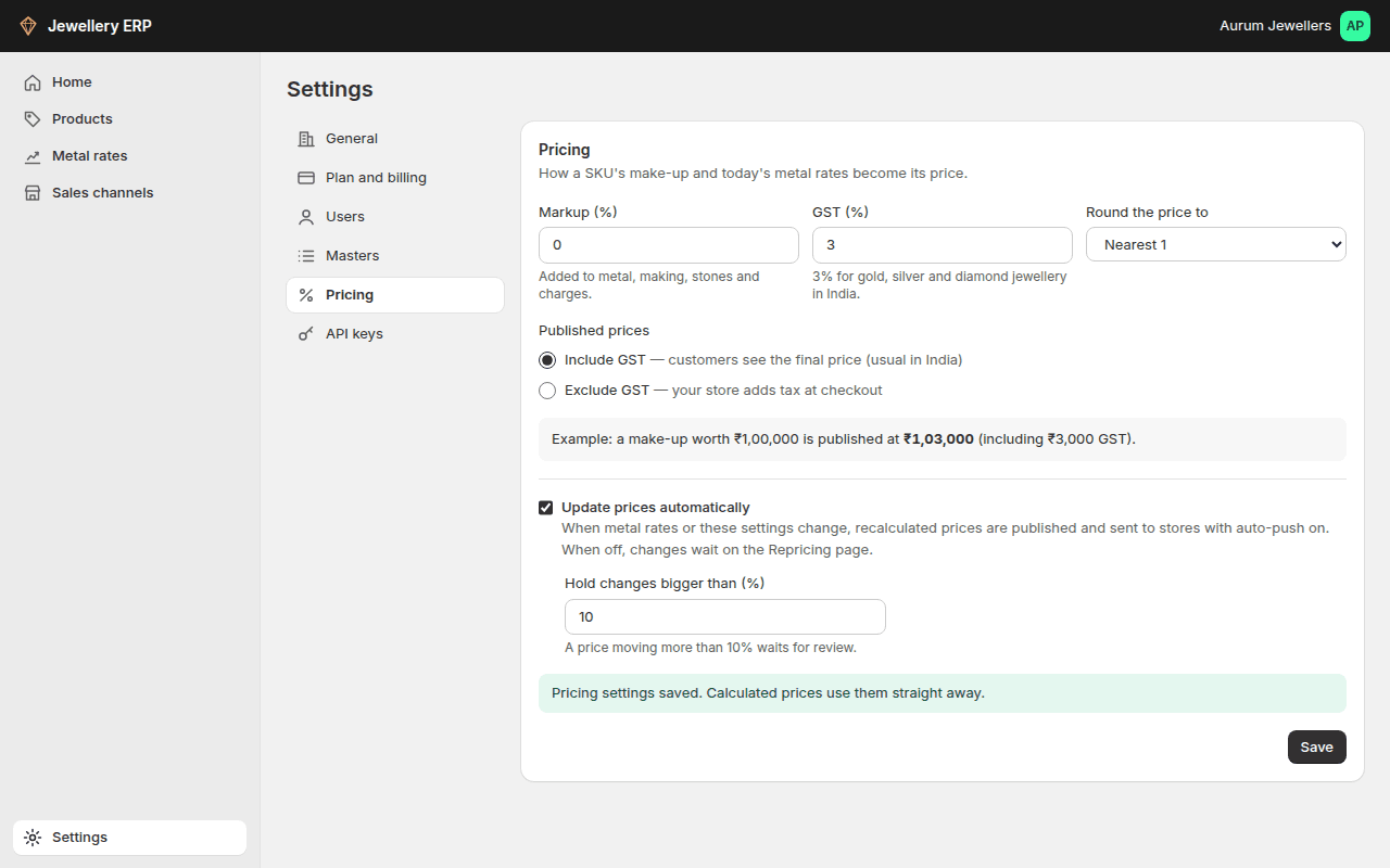 Settings → Pricing: markup, GST, rounding and automatic repricing