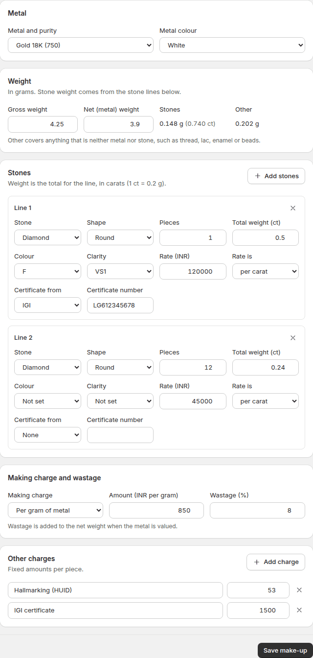 The make-up form: metal, weight, stones, making charge and other charges
