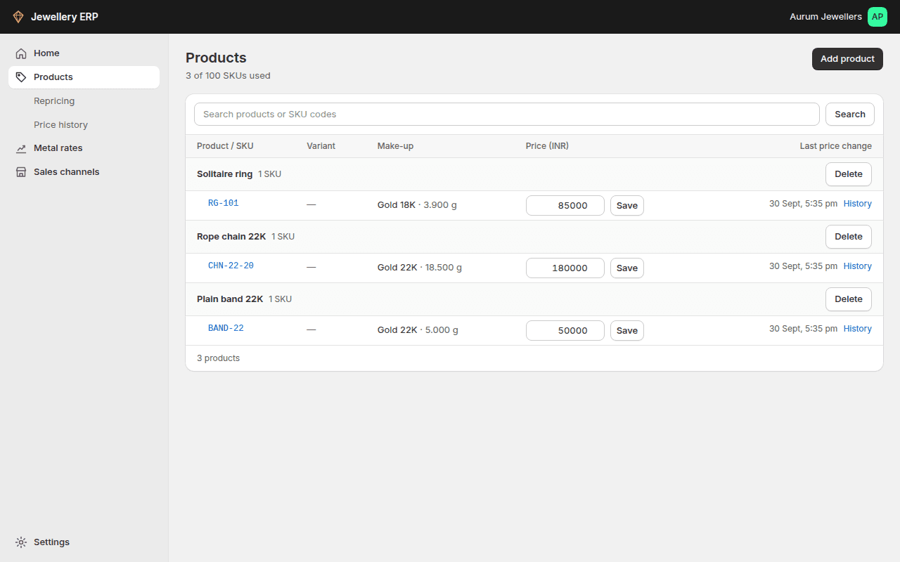 Products list with the Make-up column