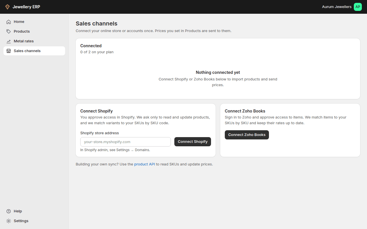 Sales channels page with Connect Shopify and Connect Zoho Books
