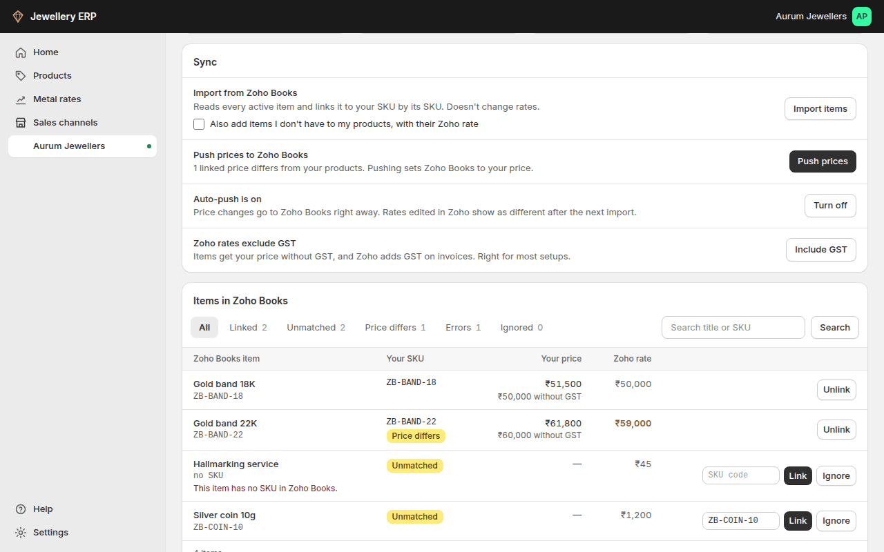 Zoho Books page with sync controls, the GST setting and items linked to SKUs